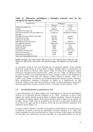 Tabla 2.1. Diferencias morfológicas y fenológica existentes entre las dos
subespecies de Eugenia stipitata.
                  Característica                                         Subespecie
                                                               Stipitata                sororia
Altura de la planta (m)                                         12-15                    1.5-5
Follaje                                                       Disperso                   Dens
Tamaño de las hojas (cm)                                    8-18 x 3.5-9.5          6.5-13 x 2.5-4.5
Nervaduras laterales en la cara superior de                  Conspicuas          Raramente evidentes
las hojas
Pilosidad en la cara inferior de las hojas                    Presente                    Ausente
Tamaño de las flores                                          Mayores                    Menores
Número de estambres                                           100-150                        75
Pilosidad en la base del estilete                             Ausente                     Presente
Pilosidad del epicarpio                                      Pubescente               Poco pubescente
Superficie del epicarpio                                       Áspera                       Lisa
Aroma del fruto                                                 Débil                      Fuerte
Sabor del fruto                                                Ácido                     Agridulce
Tamaño de los frutos (cm)                                     3-5 x 4-7                2-12 x 1.5-15
Peso de los frutos (g)                                         20-50                      30-800
Rendimiento en pulpa (%)                                       20-40                       40-90
Inicio de la fase productiva (años)                               5                           2

Fuentes: (McVaugh, 1956 e 1958); Calzada, 1980; Pinedo et al., 1981; Chávez & Clement, 1984; FAO, 1987;
Falcão et al., 1988; Clement, 1989; Ferreira, 1992; Quevedo & Zuluaga, 1995; Villachica et al., 1996; Demattê,
1997).

La subespecie sororia ha sido más difundida que la subespecie stipitata, siendo cultivada
desde hace mucho tiempo en el Perú, Brasil, Ecuador, Colombia, Bolivia y, recientemente, en
Costa Rica (Chávez & Clement, 1984; Kanten, 1994). El cultivo de la subespecie stipitata
permanece restringida al Perú (Charles Peters - NYBG, com. pes., 1988). La subespecie sororia
se cultiva en el Perú, en los Departamentos de Loreto y Ucayali; en Brasil, en los municipios de
Benjamin Constant, Fonte Boa, Tefé, Manaus y Belém (Chávez & Clement, 1984); en el
Ecuador, en El Charqui; en Colombia, en los Departamentos de Caquetá, Guaviare, Amazonas,
Meta, Cundinamarca, Antioquia y Putumayo; en Bolivia, en el Departamento de Beni
(Quevedo, 1995).La mayor parte de los cultivos se realiza en huertos domésticos, pero existen
pequeñas plantaciones a escala comercial en Perú y en Ecuador (Gentil & Clement, 1997).


2.3      Variabilidad genética, poblaciones y raza

La diversidad genética de Eugenia stipitata está confirmada por la colección de germoplasma
existente en la Amazonia peruana (Villachica et al., 1996). Giacometti & Lleras (1992)
sugieren que, debido al hecho de que la planta es alógama facultativa, existe un alto grado de
heterocigosis en Eugenia stipitata, lo que podría esperarse para la mayoría de las especies de
la región. Clement (1989) relata de la existencia de una raza en la Amazonia Occidental, que
se presenta en la región del alto río Solimões, dentro del área de distribución geográfica de la
subespecie sororia (Figura 2.1).

La especie Eugenia stipitata se encuentra amenazada de erosión genética en muchas áreas de
la Amazonia, en donde el proceso de colonización es intenso (Clement et al., 1982). Para
reducir la pérdida del valioso material genético, Chávez & Clement (1984) sugiere la formación
de colecciones que representen una parte razonable de la diversidad genética de las dos




                                                                                                                 16
 