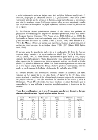 a polinización es efectuada por abejas, como Apis mellifera, Eulaema bombiformis, E.
mocsaru, Megalopta sp., Melipona lateralis y M. pseudocentris. Sousa et al. (1995)
verificaron también que las abejas de la familia Apidae fueron las que se encontraron
con más frecuencia en plantas de Eugenia stipitata subsp. sororia, sugiriendo con ello
que estos insectos desempeñan un papel importante en el mecanismo de polinización
de la especie.

La fructificación ocurre prácticamente durante el año entero, con períodos de
producción moderada seguidos de períodos de menor producción, siendo más intensa
en la época lluviosa (Calzada, 1980; Pinedo et al., 1981; Falcão et al., 1988). En
Iquitos (Perú), la cosecha se realiza cada dos meses, siendo mínima en invierno (julio)
y máxima entre los meses de octubre y abril (Calzada, 1980; 1985; Pinedo et al.,
1981). En Manaos (Brasil), se realiza cada tres meses, llegando al grado máximo de
producción entre los meses de noviembre y junio (FAO, 1987; Chávez, 1988; Falcão
et al., 1988).

El período entre la fecundación del óvulo y la maduración del fruto de Eugenia
stipitata subsp. sororia es de aproximadamente 60-80 días (Galvis & Hernández,
1993a; Kanten, 1994). El fruto aumenta rápidamente de peso fresco y seco, largo y
diámetro durante los primeros 32 días de desarrollo y más lentamente a partir de los 32
días, a excepción del peso seco que tiene un aumento positivo entre los 60 y 80 días
(Tabla 2.4) (Galvis & Hernández, 1993a). Los frutos maduros presentan una variación
en el peso fresco, largo y diámetro, debido a factores genéticos y ambientales, entre los
cuales se puede destacar la fertilidad y la humedad del suelo (Ferreira, 1992).

La firmeza presenta una disminución constante durante el desarrollo del fruto,
variando de 8,1 kg/cm2 (a los 32 días) hasta 4,7 kg/cm2 (a los 80 días), como
consecuencia de la hidrólisis de las substancias pépticas que aseguran las uniones entre
las paredes celulares y, con ello, mantienen la cohesión de las células (Galvis &
Hernández, 1993a). De este modo, los frutos maduros se dañan fácilmente por la
manipulación, lo que dificulta la cosecha, acondicionamiento y transporte de los
mismos.

Tabla 2.4. Modificaciones en el peso fresco, peso seco, largo y diámetro, durante
el desarrollo del fruto de Eugenia stipitata subsp. Sororia.

    Edad         Peso fresco     Peso seco        Largo         Diámetro     Firmeza
    (días)           (g)             (g)          (cm)            (cm)       (kg/cm)
       8              0,6            0,33          0,8             1,0           -
      16              1,9            0,44          1,3             1,5           -
      24              4,3            0,64          1,8             2,0           -
      32             24,6            3,44          3,5             4,0         8,06
      40             48,5            5,10          4,0             4,9         7,04
      48             54,5            7,30          5,1             5,0         6,31
      60             93,8           11,18          5,7             6,1         6,38
      72           157,9            19,80          6,6             7,0         5,50
      80           204,5            45,98          7,3             8,3         4,67
 Fuente: Galvis & Hernández, 1993a.




                                                                                       20
 