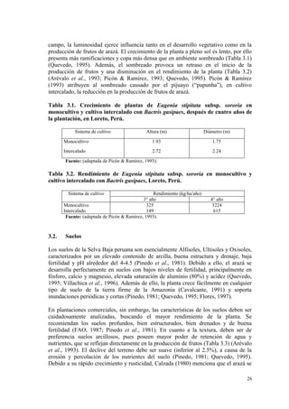 campo, la luminosidad ejerce influencia tanto en el desarrollo vegetativo como en la
producción de frutos de arazá. El crecimiento de la planta a pleno sol es lento, por ello
presenta más ramificaciones y copa más densa que en ambiente sombreado (Tabla 3.1)
(Quevedo, 1995). Además, el sombreado provoca un retraso en el inicio de la
producción de frutos y una disminución en el rendimiento de la planta (Tabla 3.2)
(Arévalo et al., 1993; Picón & Ramírez, 1993; Quevedo, 1995). Picón & Ramírez
(1993) atribuyen al sombreado causado por el pijuayo (“pupunha”), en cultivo
intercalado, la reducción en la producción de frutos de arazá.

Tabla 3.1. Crecimiento de plantas de Eugenia stipitata subsp. sororia en
monocultivo y cultivo intercalado con Bactris gasipaes, después de cuatro años de
la plantación, en Loreto, Perú.

            Sistema de cultivo                Altura (m)                    Diámetro (m)

       Monocultivo                               1.93                           1.75
       Intercalado                               2.72                           2.24

       Fuente: (adaptada de Picón & Ramírez, 1993).

Tabla 3.2. Rendimiento de Eugenia stipitata subsp. sororia en monocultivo y
cultivo intercalado con Bactris gasipaes, Loreto, Perú.

         Sistema de cultivo                       Rendimiento (kg/ha/año)
                                             3° año                            4° año
       Monocultivo                             325                              3224
       Intercalado                             149                              615
        Fuente: (adaptada de Picón & Ramírez, 1993).



3.2.   Suelos

Los suelos de la Selva Baja peruana son esencialmente Alfisoles, Ultisoles y Oxisoles,
caracterizados por un elevado contenido de arcilla, buena estructura y drenaje, baja
fertilidad y pH alrededor del 4-4.5 (Pinedo et al., 1981). Debido a ello, el arazá se
desarrolla perfectamente en suelos con bajos niveles de fertilidad, principalmente en
fósforo, calcio y magnesio, elevada saturación de aluminio (80%) y acidez (Quevedo,
1995; Villachica et al., 1996). Además de ello, la planta crece fácilmente en cualquier
tipo de suelo de la tierra firme de la Amazonia (Cavalcante, 1991) y soporta
inundaciones periódicas y cortas (Pinedo, 1981; Quevedo, 1995; Flores, 1997).

En plantaciones comerciales, sin embargo, las características de los suelos deben ser
cuidadosamente analizadas, buscando el mayor rendimiento de la planta. Se
recomiendan los suelos profundos, bien estructurados, bien drenados y de buena
fertilidad (FAO, 1987; Pinedo et al., 1981). En cuanto a la textura, deben ser de
preferencia suelos arcillosos, pues poseen mayor poder de retención de agua y
nutrientes, que se reflejan directamente en la producción de frutos (Tabla 3.3) (Arévalo
et al., 1993). El declive del terreno debe ser suave (inferior al 2.5%), a causa de la
erosión y percolación de los nutrientes del suelo (Pinedo, 1981; Quevedo, 1995).
Debido a su rápido crecimiento y rusticidad, Calzada (1980) menciona que el arazá se

                                                                                           26
 