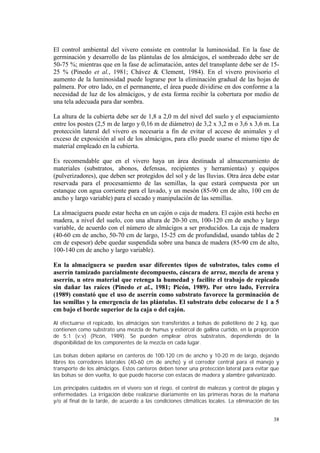 El control ambiental del vivero consiste en controlar la luminosidad. En la fase de
germinación y desarrollo de las plántulas de los almácigos, el sombreado debe ser de
50-75 %; mientras que en la fase de aclimatación, antes del transplante debe ser de 15-
25 % (Pinedo et al., 1981; Chávez & Clement, 1984). En el vivero provisorio el
aumento de la luminosidad puede lograrse por la eliminación gradual de las hojas de
palmera. Por otro lado, en el permanente, el área puede dividirse en dos conforme a la
necesidad de luz de los almácigos, y de esta forma recibir la cobertura por medio de
una tela adecuada para dar sombra.

La altura de la cubierta debe ser de 1,8 a 2,0 m del nivel del suelo y el espaciamiento
entre los postes (2,5 m de largo y 0,16 m de diámetro) de 3,2 x 3,2 m o 3,6 x 3,6 m. La
protección lateral del vivero es necesaria a fin de evitar el acceso de animales y el
exceso de exposición al sol de los almácigos, para ello puede usarse el mismo tipo de
material empleado en la cubierta.

Es recomendable que en el vivero haya un área destinada al almacenamiento de
materiales (substratos, abonos, defensas, recipientes y herramientas) y equipos
(pulverizadores), que deben ser protegidos del sol y de las lluvias. Otra área debe estar
reservada para el procesamiento de las semillas, la que estará compuesta por un
estanque con agua corriente para el lavado, y un mesón (85-90 cm de alto, 100 cm de
ancho y largo variable) para el secado y manipulación de las semillas.

La almaciguera puede estar hecha en un cajón o caja de madera. El cajón está hecho en
madera, a nivel del suelo, con una altura de 20-30 cm, 100-120 cm de ancho y largo
variable, de acuerdo con el número de almácigos a ser producidos. La caja de madera
(40-60 cm de ancho, 50-70 cm de largo, 15-25 cm de profundidad, usando tablas de 2
cm de espesor) debe quedar suspendida sobre una banca de madera (85-90 cm de alto,
100-140 cm de ancho y largo variable).

En la almaciguera se pueden usar diferentes tipos de substratos, tales como el
aserrín tamizado parcialmente decompuesto, cáscara de arroz, mezcla de arena y
aserrín, u otro material que retenga la humedad y facilite el trabajo de repicado
sin dañar las raíces (Pinedo et al., 1981; Picón, 1989). Por otro lado, Ferreira
(1989) constató que el uso de aserrín como substrato favorece la germinación de
las semillas y la emergencia de las plántulas. El substrato debe colocarse de 1 a 5
cm bajo el borde superior de la caja o del cajón.

Al efectuarse el repicado, los almácigos son transferidos a bolsas de polietileno de 2 kg, que
contienen como substrato una mezcla de humus y estiércol de gallina curtido, en la proporción
de 5:1 (v:v) (Picón, 1989). Se pueden emplear otros substratos, dependiendo de la
disponibilidad de los componentes de la mezcla en cada lugar.

Las bolsas deben apilarse en canteros de 100-120 cm de ancho y 10-20 m de largo, dejando
libres los corredores laterales (40-60 cm de ancho) y el corredor central para el manejo y
transporte de los almácigos. Estos canteros deben tener una protección lateral para evitar que
las bolsas se den vuelta, lo que puede hacerse con estacas de madera y alambre galvanizado.

Los principales cuidados en el vivero son el riego, el control de malezas y control de plagas y
enfermedades. La irrigación debe realizarse diariamente en las primeras horas de la mañana
y/o al final de la tarde, de acuerdo a las condiciones climáticas locales. La eliminación de las


                                                                                             38
 