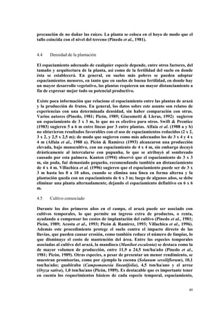 precaución de no dañar las raíces. La planta se coloca en el hoyo de modo que el
tallo coincida con el nivel del terreno (Pinedo et al., 1981).


4.4    Densidad de la plantación

El espaciamiento adecuado de cualquier especie depende, entre otros factores, del
tamaño y arquitectura de la planta, así como de la fertilidad del suelo en donde
ésta se establecerá. En general, en suelos más pobres se pueden adoptar
espaciamientos menores, en tanto que en suelos de buena fertilidad, en donde hay
un mayor desarrollo vegetativo, las plantas requieren un mayor distanciamiento a
fin de expresar mejor todo su potencial productivo.

Existe poca información que relacione el espaciamiento entre las plantas de arazá
y la producción de frutos. En general, los datos sobre este asunto son relatos de
experiencias con una determinada densidad, sin haber comparación con otras.
Varios autores (Pinedo, 1981; Picón, 1989; Giacometti & Lleras, 1992) sugieren
un espaciamiento de 3 x 3 m, lo que no es efectivo para otros. Swift & Prentice
(1983) sugieren 5 a 6 m entre líneas por 3 entre plantas. Alfaia et al. (1988 a y b)
no obtuvieron resultados favorables con el uso de espaciamientos reducidos (2 x 2,
3 x 2, y 2,5 x 2,5 m); de modo que sugieren como más adecuados los de 3 x 4 y 4 x
4 m (Alfaia et al., 1988 a). Picón & Ramírez (1993) alcanzaron una producción
elevada, bajo monocultivo, con un espaciamiento de 4 x 4 m, sin embargo decayó
drásticamente al intercalarse con pupunha, lo que se atribuyó al sombreado
causado por esta palmera. Kanten (1994) observó que el espaciamiento de 3 x 3
m, sin poda, fué demasiado pequeño, recomendando también un distanciamiento
de 4 x 4 m. Villachica et al. (1996) sugieren que el espaciamiento puede ser de 3 x
3 m hasta los 8 a 10 años, cuando se elimina una línea en forma alterna y la
plantación queda con un espaciamiento de 6 x 3 m; luego de algunos años, se debe
eliminar una planta alternadamente, dejando el espaciamiento definitivo en 6 x 6
m.

4.5    Cultivo consociado

Durante los dos primeros años en el campo, el arazá puede ser asociado con
cultivos temporales, lo que permite un ingreso extra de productos, o renta,
ayudando a compensar los costos de implantación del cultivo (Pinedo et al., 1981;
Picón, 1989; Acosta et al., 1993; Picón & Ramirez, 1993; Villachica et al., 1996).
Además este procedimiento protege el suelo contra el impacto directo de las
lluvias, que pueden causar erosión, como también reduce el número de limpias, lo
que disminuye el costo de mantención del área. Entre las especies temporales
asociadas al cultivo del arazá, la mandioca (Manihot esculenta) se destaca como la
de mayor volumen de producción, entre 11,9 a 24,5 ton/ha/año (Pinedo et al.,
1981; Picón, 1989). Otras especies, a pesar de presentar un menor rendimiento, se
muestran promisorias, como por ejemplo la cocona (Solanum sessiliflorum), 10,1
ton/ha/año; guabiraba (Campomanesia lineatifolia), 4,5 ton/ha/ano y el arroz
(Oryza sativa), 1,0 ton/ha/ano (Picón, 1989). Es destacable que es importante tener
en cuenta los requerimientos básicos de cada especie temporal, espaciamiento,


                                                                                 40
 