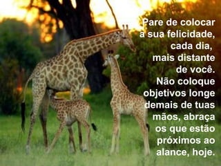 Pare de colocar
a sua felicidade,
       cada dia,
   mais distante
        de você.
    Não coloque
 objetivos longe
 demais de tuas
   mãos, abraça
   os que estão
    próximos ao
    alance, hoje.
 
