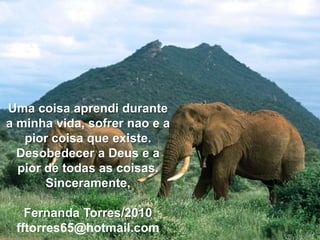 Uma coisa aprendi durante
a minha vida, sofrer nao e a
   pior coisa que existe.
  Desobedecer a Deus e a
  pior de todas as coisas.
       Sinceramente,

   Fernanda Torres/2010
 fftorres65@hotmail.com
 