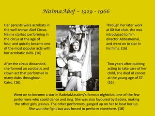 NaimaAkef – 1929 - 1966 Her parents were acrobats in the well known Akef Circus. Naima started performing in the circus at the age of four, and quickly became one of the most popular acts with her acrobatic skills. (16)Through her later work at Kit Kat club, she was introduced to film director AbbasKemal, and went on to star in his films. (16)After the circus disbanded, she formed an acrobatic and clown act that performed in many clubs throughout Cairo. (16)Two years after quitting acting to take care of her child, she died of cancer at the young age of 37. (16)Went on to become a star in BadeiaMasabny's famous nightclub, one of the few performers who could dance and sing. She was also favoured by Badeia, making the other girls jealous. The other performers  ganged up on her to beat her up. She won the fight but was forced to perform elsewhere. (16)