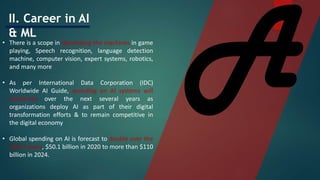 II. Career in AI
& ML
• There is a scope in developing the machines in game
playing, Speech recognition, language detection
machine, computer vision, expert systems, robotics,
and many more
• As per International Data Corporation (IDC)
Worldwide AI Guide, spending on AI systems will
accelerate over the next several years as
organizations deploy AI as part of their digital
transformation efforts & to remain competitive in
the digital economy
• Global spending on AI is forecast to double over the
next 4 years, $50.1 billion in 2020 to more than $110
billion in 2024.
 