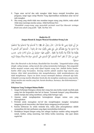 8. Tugas amar ma’ruf dan nahi mungkar tidak hanya menjadi kewajiban para
penguasa, tetapi tugas setiap Muslim Yang diperintahkan melakukan amar ma’ruf
nahi mungkar.
9. Jika orang yang shalih tidak mau menahan tangan orang yang zhalim, maka adzab
Allah akan menimpa mereka semua. Allah berfirman Swt:
“Hendaklah orang-orang yang menyalahi perintah rasul-Nya khawatir tertimpa
fitnah atau adzab yang pedih.” (QS. An-Nur: 63)
Hadist Ke-35
Jangan Hasud & Jangan Mencari Kesalahan Orang Lain
َ‫ﺎل‬َ‫ﻗ‬ ُ‫ﻪ‬ْ‫ﻨ‬َ‫ﻋ‬ ُ‫اﷲ‬ َ‫ﻲ‬ِ‫ﺿ‬َ‫ر‬ َ‫ة‬‫ﺮ‬ْ‫ـ‬‫ﻳ‬َ‫ﺮ‬ُ‫ﻫ‬ ِ‫َﰊ‬ ْ‫ﻦ‬َ‫ﻋ‬:ِ‫اﷲ‬ ُ‫ل‬ْ‫ﻮ‬ُ‫ﺳ‬َ‫ر‬ َ‫ﺎل‬َ‫ﻗ‬ ‫أ‬َJ:‫ا‬‫ﻮ‬ُ‫ﻀ‬َ‫ﻏ‬‫ﺎ‬َ‫ﺒ‬َ‫ـ‬‫ﺗ‬ َ‫ﻻ‬َ‫و‬ ‫ا‬‫ﻮ‬ُ‫ﺸ‬َ‫ﺎﺟ‬َ‫ﻨ‬َ‫ـ‬‫ﺗ‬ َ‫ﻻ‬َ‫و‬ ‫ا‬‫و‬ُ‫ﺪ‬َ‫ﺎﺳ‬َ‫ﲢ‬ َ‫ﻻ‬
َ‫ـ‬‫ﺑ‬ ‫ﻰ‬َ‫ﻠ‬َ‫ﻋ‬ ْ‫ﻢ‬ُ‫ﻜ‬ُ‫ﻀ‬ْ‫ﻌ‬َ‫ـ‬‫ﺑ‬ ْ‫ﻊ‬ِ‫ﺒ‬َ‫ﻳ‬ َ‫ﻻ‬َ‫و‬ ‫ا‬‫و‬ُ‫ﺮ‬َ‫ـ‬‫ﺑ‬‫ا‬َ‫ﺪ‬َ‫ﺗ‬ َ‫ﻻ‬َ‫و‬ً‫ﺎ‬‫اﻧ‬َ‫ﻮ‬ْ‫ﺧ‬ِ ِ‫اﷲ‬ َ‫ﺎد‬َ‫ﺒ‬ِ‫ﻋ‬ ‫ا‬‫ﻮ‬ُ‫ﻧ‬ْ‫ﻮ‬ُ‫ﻛ‬َ‫و‬ ٍ‫ﺾ‬ْ‫ﻌ‬َ‫ـ‬‫ﺑ‬ ِ‫ﻊ‬ْ‫ﻴ‬.َ‫ﻻ‬ ِ‫ﻢ‬ِ‫ﻠ‬ْ‫ﺴ‬ُ‫ﻤ‬ْ‫ﻟ‬‫ا‬ ‫ﻮ‬ُ‫َﺧ‬ ُ‫ﻢ‬ِ‫ﻠ‬ْ‫ﺴ‬ُ‫ﻤ‬ْ‫ﻟ‬‫ا‬
ُ‫ﻩ‬ُ‫ﺮ‬ِ‫ﻘ‬َْ‫ﳛ‬ َ‫ﻻ‬َ‫و‬ ُ‫ﻪ‬ُ‫ﺑ‬ِ‫ﺬ‬ْ‫ﻜ‬َ‫ﻳ‬ َ‫ﻻ‬َ‫و‬ ُ‫ﻪ‬ُ‫ﻟ‬ُ‫ﺬ‬َْ‫ﳜ‬ َ‫ﻻ‬َ‫و‬ ُ‫ﻪ‬ُ‫ﻤ‬ِ‫ﻠ‬ْ‫ﻈ‬َ‫ﻳ‬.‫ﺎ‬َ‫ﻨ‬ُ‫ﻬ‬َ‫ﻫ‬ ‫ى‬َ‫ﻮ‬ْ‫ﻘ‬‫ﱠ‬‫ـ‬‫ﺘ‬‫اﻟ‬–ِ‫ﺐ‬َ‫ﺴ‬َ
ِ‫ﲝ‬ ٍ‫ات‬‫ﱠ‬‫ﺮ‬َ‫ﻣ‬ َ‫ﻼث‬َ‫ﺛ‬ ِ‫ﻩ‬ِ‫ر‬ْ‫ﺪ‬َ‫ﺻ‬ َ‫ﱃ‬ِ
ُ‫ﺮ‬ْ‫ـ‬‫ﻴ‬ِ‫ﺸ‬ُ‫ﻳ‬َ‫و‬
َ‫ﺮ‬ِ‫ﻘ‬َْ‫ﳛ‬ ْ‫ن‬‫أ‬ ‫ﱢ‬‫ﺮ‬‫ﱠ‬‫ﺸ‬‫اﻟ‬ َ‫ﻦ‬ِ‫ﻣ‬ ٍ‫ئ‬‫ﺮ‬ْ‫اﻣ‬ُ‫ﻪ‬ُ‫ﺿ‬ْ‫ﺮ‬ِ‫ﻋ‬َ‫و‬ ُ‫ﻪ‬ُ‫ﻟ‬‫ﺎ‬َ‫ﻣ‬َ‫و‬ ُ‫ﻪ‬ُ‫ﻣ‬َ‫د‬ ٌ‫ام‬َ‫ﺮ‬َ‫ﺣ‬ ِ‫ﻢ‬ِ‫ﻠ‬ْ‫ﺴ‬ُ‫ﻤ‬ْ‫ﻟ‬‫ا‬ ‫ﻰ‬َ‫ﻠ‬َ‫ﻋ‬ ِ‫ﻢ‬ِ‫ﻠ‬ْ‫ﺴ‬ُ‫ﻤ‬ْ‫ﻟ‬‫ا‬ ‫ﱡ‬‫ﻞ‬ُ‫ﻛ‬،َ‫ﻢ‬ِ‫ﻠ‬ْ‫ﺴ‬ُ‫ﻤ‬ْ‫ﻟ‬‫ا‬ ُ‫ﺎﻩ‬َ‫َﺧ‬
َ
‫أ‬ ‫إ‬
‫إ‬َ
َِ‫أ‬)‫اﻩ‬‫و‬‫ر‬
‫ﻣﺴﻠﻢ‬(
Dari Abu Hurairah ra dia berkata, Rasulullah Saw bersabda, “Janganlah kalian saling
dengki, saling menipu, saling marah dan saling memutuskan hubungan. Dan janganlah
kalian menjual sesuatu yang telah dijual kepada orang lain. Jadilah kalian hamba-
hamba Allah yang bersaudara. Seorang muslim adalah saudara bagi muslim yang
lainnya, (dia) tidak menzaliminya dan mengabaikannya, tidak mendustakannya dan
tidak menghinanya. Taqwa itu disini (seraya menunjuk dadanya sebanyak tiga kali).
Cukuplah seorang muslim dikatakan buruk jika dia menghina saudaranya yang muslim.
Setiap muslim atas muslim yang lain, haram darahnya, hartanya, dan kehormatannya.”
(HR. Muslim)
Pelajaran Yang Terdapat Dalam Hadist
1. Jangan berharapa hilangnya nikmat dari orang lain atau ketika terjadi musibah pada
orang lain dia bergembira dan hal ini haram. Termasuk kategori yang diharamkan
adalah menipu dan saling membenci, saling tidak bertegur sapa.
2. Anjuran untuk menghapuskan kemungkaran dengan semua cara yang
dimungkinkan
3. Perintah untuk menegakan ma’ruf dan menghilangkan mungkar merupakan
tanggung jawab masyarakat, dan bukan hanya tanggung jawab personal.
4. Karena kebencian itu selalu melanda kita, maka jalan pencegahannya adalah
menjauhkan diri dari perbuatan yang dapat menimbulkan kebencian
5. Hendaknya bergaul dengan orang lain sebagai layaknya saudara saling mengasihi
ramah, lembut, saling menolong, hati ikhlas ketika menolong dan jujur dalam
segala hal.
62
 