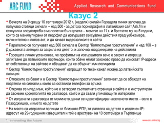 Казус 2
 Вечерта на 9 срещу 10 септември 2012 г. (неделя) онлайн Горещата линия започва да
получава стотици сигнали – над 500 - за детска порнография в латвийския сайт Ask.fm и
сексуална злоупотреба с малолетни българчета – момиче на 11 г. и братчето му на 5 години,
които са манипулирани от педофил да извършват сексуални действия пред уеб-камера,
включително и полов акт, и да качват видеозаписите в сайта
 Паралелно се получават над 300 сигнала в Сектор “Компютърни престъпления” и над 100 – в
Държавната агенция за закрила на детето, и започва координиране на действията
 Горещата линия установява, че профилът на извършителя вече е закрит и изпраща
запитване до латвийските партньори, които обаче нямат законово право да изискват IP-адреси
от собственици на сайтове и обещават да се обърнат към полицията
 Сектор “Компютърни престъпления” изпращат по техен канал искане до латвийската
полиция
 Отговоите се бавят и в Сектор “Компютърни престъпления” започват да се обаждат на
податели на сигнали,ь които са оставили телефон за връзка
 Открива се млад мъж, който не е затворил съответната страница в сайта и е инструктиран
да заснеме хронологията на разговора, както и да свали уличаващите материали
 От изпуснати в разговора от момичето данни се идентифицира населеното място – село в
Пазарджишко, и името на детето
 На място са изпратени полицаи от близкото РПУ, от лаптопа на детето е извлечен IP-
адресът на 29-годишния извършител и той е арестуван на 10 септември в Търговище
.
 