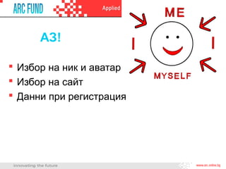 АЗ!
 Избор на ник и аватар
 Избор на сайт
 Данни при регистрация
 