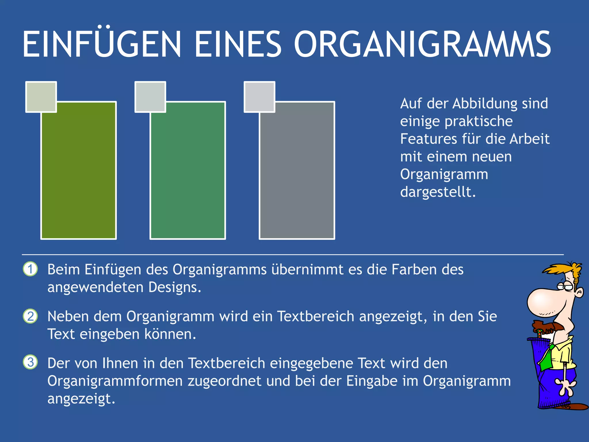 EINFÜGEN EINES ORGANIGRAMMS
                                                      Auf der Abbildung sind
                                                      einige praktische
                                                      Features für die Arbeit
                                                      mit einem neuen
                                                      Organigramm
                                                      dargestellt.




1   Beim Einfügen des Organigramms übernimmt es die Farben des
    angewendeten Designs.
2   Neben dem Organigramm wird ein Textbereich angezeigt, in den Sie
    Text eingeben können.
3   Der von Ihnen in den Textbereich eingegebene Text wird den
    Organigrammformen zugeordnet und bei der Eingabe im Organigramm
    angezeigt.
 