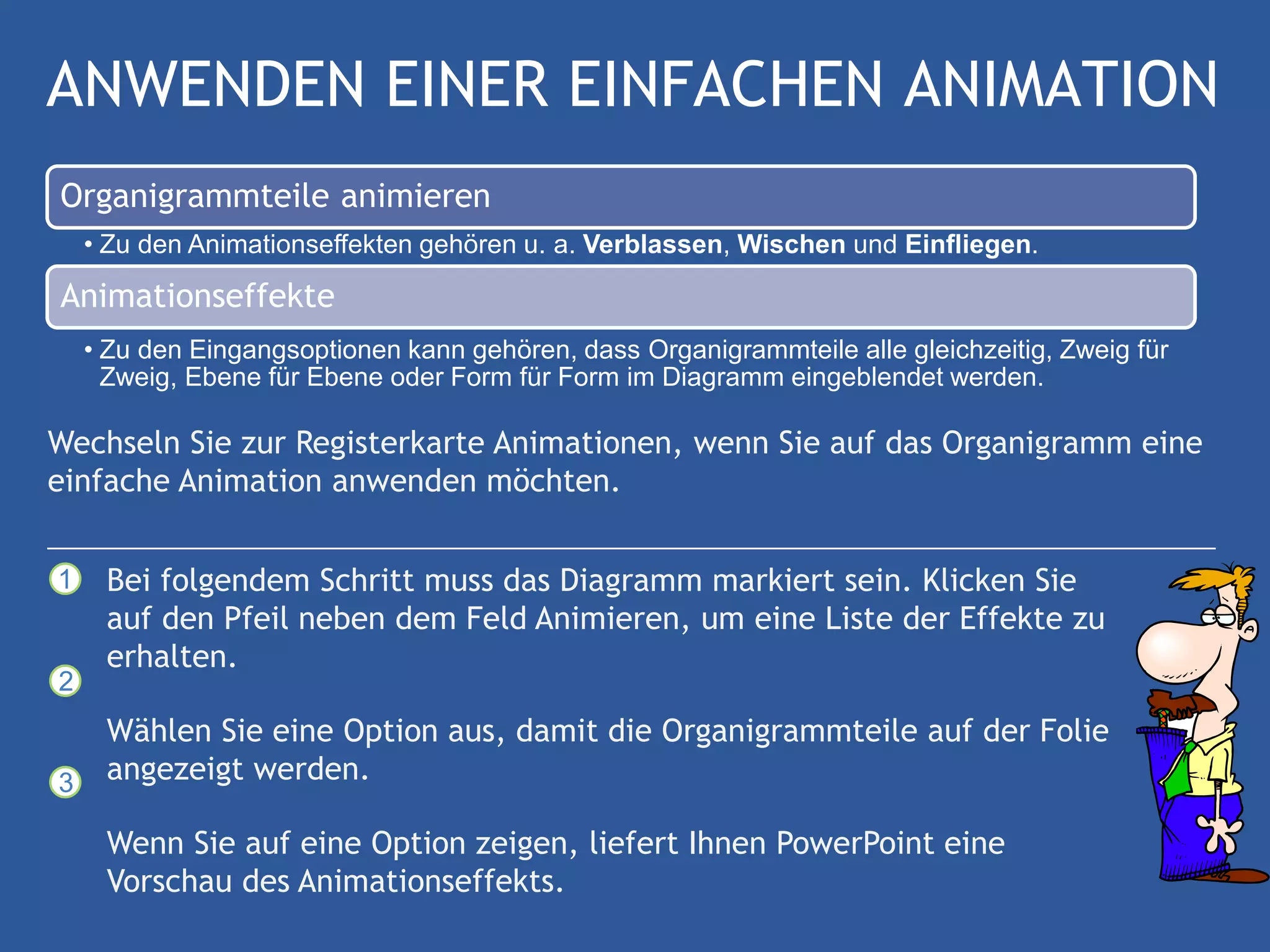 ANWENDEN EINER EINFACHEN ANIMATION
Organigrammteile animieren
    • Zu den Animationseffekten gehören u. a. Verblassen, Wischen und Einfliegen.

Animationseffekte
    • Zu den Eingangsoptionen kann gehören, dass Organigrammteile alle gleichzeitig, Zweig für
      Zweig, Ebene für Ebene oder Form für Form im Diagramm eingeblendet werden.

Wechseln Sie zur Registerkarte Animationen, wenn Sie auf das Organigramm eine
einfache Animation anwenden möchten.


1    Bei folgendem Schritt muss das Diagramm markiert sein. Klicken Sie
     auf den Pfeil neben dem Feld Animieren, um eine Liste der Effekte zu
     erhalten.
2
     Wählen Sie eine Option aus, damit die Organigrammteile auf der Folie
3    angezeigt werden.

     Wenn Sie auf eine Option zeigen, liefert Ihnen PowerPoint eine
     Vorschau des Animationseffekts.
 
