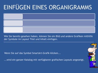 EINFÜGEN EINES ORGANIGRAMMS



Wie Sie bereits gesehen haben, können Sie ein Bild und andere Grafiken mithilfe
der Symbole im Layout Titel und Inhalt einfügen.




Wenn Sie auf das Symbol SmartArt-Grafik klicken...

...wird ein ganzer Katalog mit verfügbaren grafischen Layouts angezeigt.
 