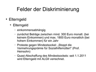 Felder der Diskriminierung Elterngeld Elterngeld einkommensabhängig zunächst Beträge zwischen mind. 300 Euro monatl. (bei keinem Einkommen) und max. 1800 Euro monatlich (bei hohem Einkommen) für ein Jahr Proteste gegen Mindestsockel: „Stoppt die Vermehrungsprämie für Sozialhilfemütter!“ (Prof. Heinsohn) Quasi-Abschaffung des Mindestsockels: seit 1.1.2011 wird Elterngeld mit ALGII verrechnet. 