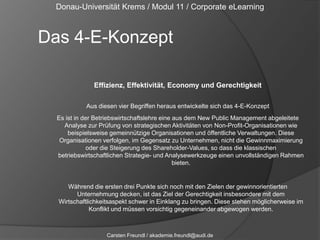 Donau-Universität Krems / Modul 11 / Corporate eLearningUrsache-Wirkungs-BeziehungMit dieser Methode wird beschreiben, wie die Perspektiven miteinander in Beziehungstehen und welche Verbindungen hieraus resultieren.Die Ziele in den vier Perspektiven sind miteinander durch Ursache-Wirkungsbeziehungen verbunden.
