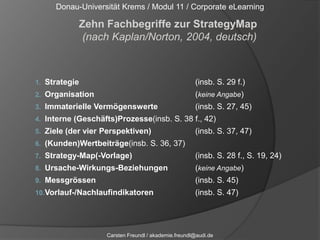 Donau-Universität Krems / Modul 11 / Corporate eLearningZehn Fachbegriffe zur StrategyMap (nach Kaplan/Norton, 2004, deutsch) Strategie				(insb. S. 29 f.)Organisation				(keine Angabe)Immaterielle Vermögenswerte		(insb. S. 27, 45)Interne (Geschäfts)Prozesse(insb. S. 38 f., 42)Ziele (der vier Perspektiven)		(insb. S. 37, 47)(Kunden)Wertbeiträge(insb. S. 36, 37)Strategy-Map(-Vorlage)		(insb. S. 28 f., S. 19, 24)Ursache-Wirkungs-Beziehungen	(keine Angabe)Messgrössen				(insb. S. 45)Vorlauf-/Nachlaufindikatoren		(insb. S. 47)Carsten Freundl / akademie.freundl@audi.de