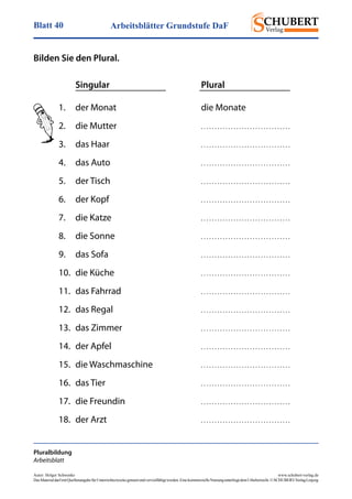 Arbeitsblätter Grundstufe DaFBlatt 40
Autor: Holger Schwenke	 www.schubert-verlag.de
DasMaterialdarfmitQuellenangabefürUnterrichtszweckegenutztundvervielfältigtwerden.EinekommerzielleNutzungunterliegtdemUrheberrecht.©SCHUBERT-VerlagLeipzig
Bilden Sie den Plural.
	 Singular	Plural
Pluralbildung
Arbeitsblatt
1.	 der Monat	 die Monate
2.	 die Mutter	 . . . . . . . . . . . . . . . . . . . . . . . . . . . . . . . . .
3.	 das Haar	 . . . . . . . . . . . . . . . . . . . . . . . . . . . . . . . . .
4.	 das Auto	 . . . . . . . . . . . . . . . . . . . . . . . . . . . . . . . . .
5.	 der Tisch	 . . . . . . . . . . . . . . . . . . . . . . . . . . . . . . . . .
6.	 der Kopf	 . . . . . . . . . . . . . . . . . . . . . . . . . . . . . . . . .
7.	 die Katze	 . . . . . . . . . . . . . . . . . . . . . . . . . . . . . . . . .
8.	 die Sonne	 . . . . . . . . . . . . . . . . . . . . . . . . . . . . . . . . .
9.	 das Sofa		 . . . . . . . . . . . . . . . . . . . . . . . . . . . . . . . . .
10.	 die Küche	 . . . . . . . . . . . . . . . . . . . . . . . . . . . . . . . . .
11.	 das Fahrrad	 . . . . . . . . . . . . . . . . . . . . . . . . . . . . . . . . .
12.	 das Regal	 . . . . . . . . . . . . . . . . . . . . . . . . . . . . . . . . .
13.	 das Zimmer	 . . . . . . . . . . . . . . . . . . . . . . . . . . . . . . . . .
14.	 der Apfel	 . . . . . . . . . . . . . . . . . . . . . . . . . . . . . . . . .
15.	 die Waschmaschine	 . . . . . . . . . . . . . . . . . . . . . . . . . . . . . . . . .
16.	 das Tier		 . . . . . . . . . . . . . . . . . . . . . . . . . . . . . . . . .
17.	 die Freundin	 . . . . . . . . . . . . . . . . . . . . . . . . . . . . . . . . .
18.	 der Arzt		 . . . . . . . . . . . . . . . . . . . . . . . . . . . . . . . . .
 