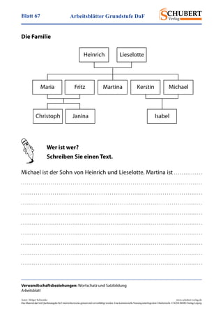 Arbeitsblätter Grundstufe DaFBlatt 67
Autor: Holger Schwenke	 www.schubert-verlag.de
DasMaterialdarfmitQuellenangabefürUnterrichtszweckegenutztundvervielfältigtwerden.EinekommerzielleNutzungunterliegtdemUrheberrecht.©SCHUBERT-VerlagLeipzig
IsabelChristoph Janina
Maria Fritz Martina Kerstin Michael
Heinrich Lieselotte
Verwandtschaftsbeziehungen: Wortschatz und Satzbildung
Arbeitsblatt
Die Familie
Wer ist wer?
Schreiben Sie einen Text.
Michael ist der Sohn von Heinrich und Lieselotte. Martina ist . . . . . . . . . . . . . . .
. . . . . . . . . . . . . . . . . . . . . . . . . . . . . . . . . . . . . . . . . . . . . . . . . . . . . . . . . . . . . . . . . . . . . . . . . . . . . . . . . . . . . . . . . . .
. . . . . . . . . . . . . . . . . . . . . . . . . . . . . . . . . . . . . . . . . . . . . . . . . . . . . . . . . . . . . . . . . . . . . . . . . . . . . . . . . . . . . .
. . . . . . . . . . . . . . . . . . . . . . . . . . . . . . . . . . . . . . . . . . . . . . . . . . . . . . . . . . . . . . . . . . . . . . . . . . . . . . . . . . . . . . . .
. . . . . . . . . . . . . . . . . . . . . . . . . . . . . . . . . . . . . . . . . . . . . . . . . . . . . . . . . . . . . . . . . . . . . . . . . . . . . . . . . . . . . . .
. . . . . . . . . . . . . . . . . . . . . . . . . . . . . . . . . . . . . . . . . . . . . . . . . . . . . . . . . . . . . . . . . . . . . . . . . . . . . . . . . . . . . . .
. . . . . . . . . . . . . . . . . . . . . . . . . . . . . . . . . . . . . . . . . . . . . . . . . . . . . . . . . . . . . . . . . . . . . . . . . . . . . . . . . . . . . . .
. . . . . . . . . . . . . . . . . . . . . . . . . . . . . . . . . . . . . . . . . . . . . . . . . . . . . . . . . . . . . . . . . . . . . . . . . . . . . . . . . . . . . . .
. . . . . . . . . . . . . . . . . . . . . . . . . . . . . . . . . . . . . . . . . . . . . . . . . . . . . . . . . . . . . . . . . . . . . . . . . . . . . . . . . . . . . . .
. . . . . . . . . . . . . . . . . . . . . . . . . . . . . . . . . . . . . . . . . . . . . . . . . . . . . . . . . . . . . . . . . . . . . . . . . . . . . . . . . . . . . . .
 