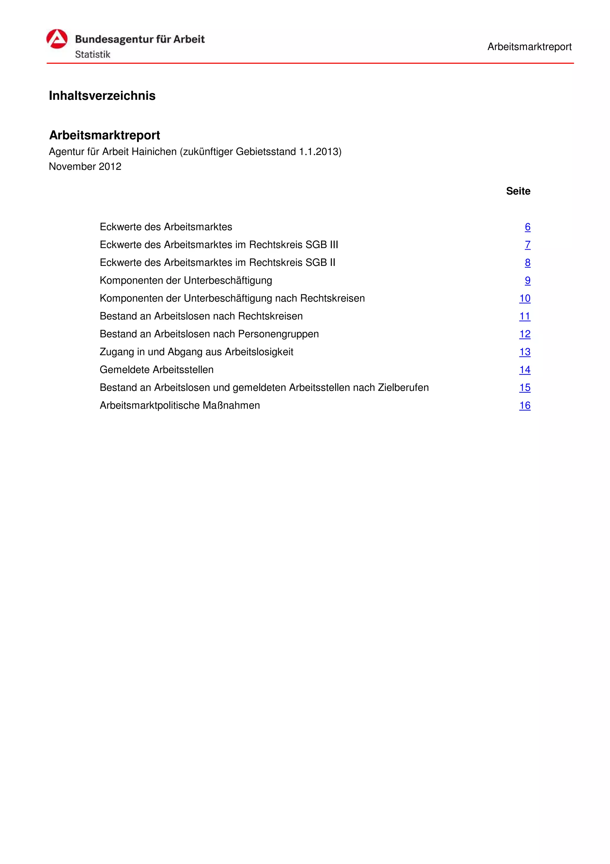 Arbeitsmarktreport



Inhaltsverzeichnis


Arbeitsmarktreport
Agentur für Arbeit Hainichen (zukünftiger Gebietsstand 1.1.2013)
November 2012

                                                                                        Seite


           Eckwerte des Arbeitsmarktes                                                      6
           Eckwerte des Arbeitsmarktes im Rechtskreis SGB III                               7
           Eckwerte des Arbeitsmarktes im Rechtskreis SGB II                                8
           Komponenten der Unterbeschäftigung                                               9
           Komponenten der Unterbeschäftigung nach Rechtskreisen                          10
           Bestand an Arbeitslosen nach Rechtskreisen                                     11
           Bestand an Arbeitslosen nach Personengruppen                                   12
           Zugang in und Abgang aus Arbeitslosigkeit                                      13
           Gemeldete Arbeitsstellen                                                       14
           Bestand an Arbeitslosen und gemeldeten Arbeitsstellen nach Zielberufen         15
           Arbeitsmarktpolitische Maßnahmen                                               16
 