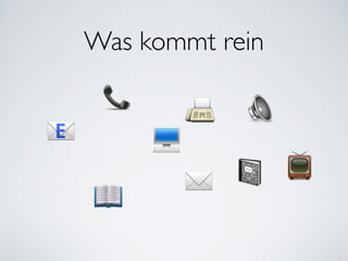 Was kommt rein
📞
✉️
📠
💻
📺
🔈
📧
📖
📓
 