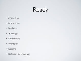 Ready
• Angelegt am	

• Angelegt von	

• Bearbeiter	

• Arbeitstyp	

• Beschreibung	

• Wichtigkeit	

• Deadline	

• Deﬁnition für Erledigung
 