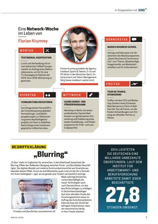 5FOCUS 41/2015
In Kooperation mit
„To blur“ steht im Englischen für verwischen. In der Arbeitswelt bezeichnet der
Blurring-Effekt den fließenden Übergang zwischen Privat- und Berufsleben Beschäf-
tigter. Der digitale Wandel und moderne Kommunikationsmittel wie Smartphones
bewirken diesen Effekt. Durch sie sind Mitarbeiter quasi rund um die Uhr in Kontakt
mit ihrem Arbeitgeber – egal, wo sie gerade sind. Fordern vermeintlich wichtige
Mails sofortige Antworten,
nutzen Beschäftigte die
neuen Technologien auch
nach Dienstschluss, um das
berufliche Anliegen zu erledigen.
In Deutschland bestätigen
laut einer aktuellen Studie des
Forschungsinstituts Ipsos im
Auftrag des Gutscheinanbieters
Edenred etwa drei Viertel der
befragten Arbeitnehmer, dass
sie manchmal bis häufig
in ihrer Freizeit arbeiten.
„Blurring“
BE|GRIFFS|KLÄRUNG
2014 LEISTETEN
DIE DEUTSCHEN EINE
MILLIARDE UNBEZAHLTE
ÜBERSTUNDEN. LAUT DEM
INSTITUT FÜR
ARBEITSMARKT- UND
BERUFSFORSCHUNG
ARBEITETE DAMIT JEDER
BESCHÄFTIGTE
STUNDEN UMSONST.
27,8
Privates und Berufliches verschwimmt oft
Eine Network-Woche
im Leben von
Florian Krumrey
Florian Krumrey gründete die Agentur
Insideout Sports & Talents. Er ist seit
25 Jahren in den Bereichen Sport, En-
tertainment und Talent-Management
tätig (www.insideout-capital.com).
TESTIMONIAL KOOPERATION
Lunch und Verhandlung mit ei-
nem bekannten Fußball-Europa-
meister im Auftrag eines Elektro-
nikkonzerns, um ihn für eine
TV-Kampagne im Rahmen der
UEFA-Euro-2016-Aktivierung zu
gewinnen.
M O N TA G
MUNICH BUSINESS SCHOOL
Vortrag und Diskussion mit Ab-
solventen des Masterprogramms
„Sports Business & Communica-
tion“ zum Thema „Glaubwürdiger
Imagetransfer von Markenbot-
schaftern auf ihr Unternehmen“.
D O N N E R S TA G
TOUR DE FRANCE,
SPONSORING
Treffen mit dem CEO und Marke-
ting-Direktor eines Schweizer
Mischkonzerns in Paris im Rah-
men der Tour de France, um die
finalen Verhandlungen zum Ein-
stieg als offizieller Partner zu
führen.
F R E I TA G
VERMARKTUNG/INVESTOREN
Vormittags letzter Feinschliff in
der Entwicklung eines globalen
Vermarktungs- und Beteili-
gungskonzepts zur Refinanzie-
rung eines Nachhaltigkeits-
projekts mit Start in Südafrika.
Nachmittags erste Investoren-
gespräche in München dazu.
D I E N S TA G
AUSBILDUNGS- UND
FÖRDERPROGRAMM
Workshop in Berlin mit einem
ausländischen Sportartikel-
konzern zur gemeinsamen Ent-
wicklung und Etablierung eines
dualen Ausbildungs- und Förder-
programms für Profi- und Leis-
tungssportler.
M I T T W O C H
 