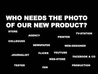WHO NEEDS THE PHOTO 
OF OUR NEW PRODUCT? 
STORE 
PRINTER 
TV-STATION 
WEB-DESIGNER 
AGENCY 
NEWSPAPER 
WEB-STORE 
COLLEGUES 
JOURNALIST 
TESTER 
FAN 
FACEBOOK & CO 
PRODUCTION 
FLICKR YOUTUBE 
 