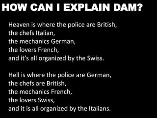 HOW CAN I EXPLAIN DAM? 
Heaven is where the police are British, 
the chefs Italian, 
the mechanics German, 
the lovers French, 
and it's all organized by the Swiss. 
Hell is where the police are German, 
the chefs are British, 
the mechanics French, 
the lovers Swiss, 
and it is all organized by the Italians. 
 