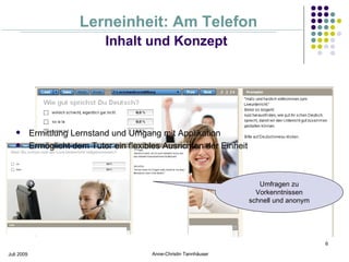 Lerneinheit: Am Telefon
                               Inhalt und Konzept




           Ermittlung Lernstand und Umgang mit Applikation
           Ermöglicht dem Tutor ein flexibles Ausrichten der Einheit



                                                                           Umfragen zu
                                                                          Vorkenntnissen
                                                                        schnell und anonym




                                                                                             6

Juli 2009                                   Anne-Christin Tannhäuser
 