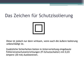Das Zeichen für Schutzisolierung
Diese ist jedoch nur dann wirksam, wenn auch die äußere Isolierung
unbeschädigt ist.
Zusätzliche Sicherheiten bieten in Unterverteilung eingebaute
Fehlerstromschutzeinrichtungen (FI-Schutzschalter) mit 0,03
Ampere (30 mA) Auslösestrom.
 