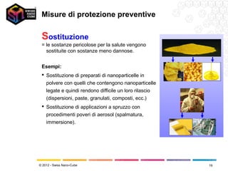 Misure di protezione preventive

 Sostituzione
 = le sostanze pericolose per la salute vengono
   sostituite con sostanze meno dannose.


 Esempi:
  Sostituzione di preparati di nanoparticelle in
   polvere con quelli che contengono nanoparticelle
   legate e quindi rendono difficile un loro rilascio
   (dispersioni, paste, granulati, composti, ecc.)
  Sostituzione di applicazioni a spruzzo con
   procedimenti poveri di aerosol (spalmatura,
   immersione).




© 2012 - Swiss Nano-Cube                                19
 