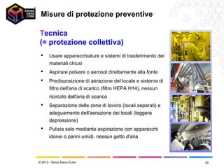 Misure di protezione preventive

Tecnica
(= protezione collettiva)
     Usare apparecchiature e sistemi di trasferimento dei
      materiali chiusi
     Aspirare polvere o aerosol direttamente alla fonte
     Predisposizione di aerazione del locale e sistema di
      filtro dell'aria di scarico (filtro HEPA H14), nessun
      ricircolo dell'aria di scarico
     Separazione delle zone di lavoro (locali separati) e
      adeguamento dell'aerazione dei locali (leggera
      depressione)
     Pulizia solo mediante aspirazione con apparecchi
      idonei o panni umidi, nessun getto d'aria




© 2012 - Swiss Nano-Cube                                      20
 