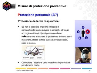 Misure di protezione preventive

 Protezione personale (2/7)
 Protezione delle vie respiratorie:
      Se non è possibile impedire il rilascio di
       nanoparticelle (come polvere o aerosol), oltre agli
       accorgimenti tecnici (vedi punto correlato)
       indossare una maschera di protezione (minimo semi
       maschera, classe di filtro 3; essa avvolge bocca,
       naso e mento).




         Semi maschera filtrante   Semi maschera                    Maschera intera
         Solo monouso              Per filtri sostituibili fino a   Per filtri sostituibili fino a
                                   300 g di peso                    500 g di peso




      Controllare l'adesione della maschera in particolare
       per chi ha la barba.

© 2012 - Swiss Nano-Cube                                                                             24
 