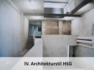 18 - HSG- Architektur
Diese 3D-Sicht passt gut zum letzten Punkt: Was die Architektur uns sagt.
Den Baustil findet man an der HSG, z.B. das A-Gebäude. Es steht sogar unter
Denkmalschutz, und ich denke oft, hoffentlich ist dieser Architekturstil bald Geschichte.
Ein Trend ist ja, dass Leben und Arbeiten verschmelzen. Aber möchte man hier wohnen?
Pause
18
IV. Architekturstil HSG
 