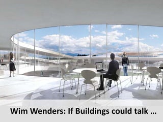 0 – Learning Center
ne Vorschau auf die Lern- und Arbeitswelten 2020 wurde in der Schweiz schon gebaut.
or 2 Wochen war ich an der Architektur Bienale in Venedig und habe einen 3D Film über dieses Gebäude gesehe
er deutsche Regisseur Wim Wenders hat ihn gedreht. Er lässt die Seele des Gebäudes mit einer weiblichen Stimm
prechen.
Wissen Sie was das für ein Gebäude ist?
s ist das Rolex Learning Center, die neue Bibliothek der EPFL Lausanne.
n Blogger schreibt, dass er den Film voll Faszination viermal angeschaut hat. Alle Spannung sei von ihm abgefalle
ir ging es genauso.
as japanische Architektenpaar äussert sich auf der Website des Gebäudes zu den Leitideen hinter dem Entwurf:
Open for Everybody
Organic design
Enabling dynamic interactions
Not for Studying alone, but for living
nd das nicht genau die von den neuen Medien transportierten Werte?
Wie wir an dieser Architektur sehen, kann es sehr schön herauskommen, die Arbeitswelt 2020 zu bauen. Wir werd
ns gerne dort aufhalten wollen.
as ist mein Schlusswort. Ich danke für Ihre Aufmerksamkeit und bin jetzt wie Sie gespannt auf die Paneldiskussio
20
Wim Wenders: If Buildings could talk …
 