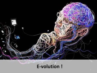 7 – Zusammenwachsen Hirn – Netz
Ich finde doch, und ob.
Die Evolution findet wie ausserhalb des Körpers statt.
Unser Hirn verwächst mit dem Netz. Werden wir dadurch intelligenter?
…. Pause …
Stecker rein ins Netz wird jedenfalls nicht genügen.
„Unser Hirn wächst und formt sich, indem es betätigt wird“, so auch das Web.
7
E-volution !
 