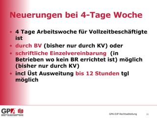 Neuerungen bei 4-Tage Woche 4 Tage Arbeitswoche für Vollzeitbeschäftigte ist  durch BV  (bisher nur durch KV) oder  schriftliche Einzelvereinbarung   (in Betrieben wo kein BR errichtet ist) möglich (bisher nur durch KV) incl Üst Ausweitung  bis 12 Stunden  tgl möglich 