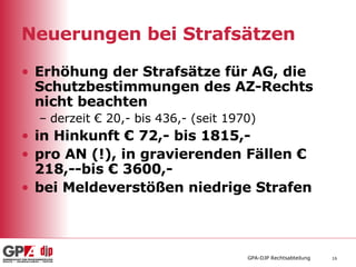 Neuerungen bei Strafsätzen Erhöhung der Strafsätze für AG, die Schutzbestimmungen des AZ-Rechts nicht beachten derzeit € 20,- bis 436,- (seit 1970) in Hinkunft € 72,- bis 1815,- pro AN (!), in gravierenden Fällen € 218,--bis € 3600,- bei Meldeverstößen niedrige Strafen 