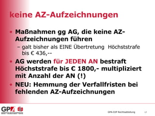 keine AZ-Aufzeichnungen Maßnahmen gg AG, die keine AZ-Aufzeichnungen führen galt bisher als EINE Übertretung  Höchststrafe bis € 436,-- AG werden  für JEDEN AN  bestraft Höchststrafe bis € 1800,- multipliziert mit Anzahl der AN (!) NEU: Hemmung der Verfallfristen bei fehlenden AZ-Aufzeichnungen 