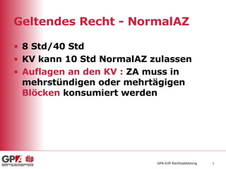 Geltendes Recht - NormalAZ 8 Std/40 Std KV kann 10 Std NormalAZ zulassen Auflagen an den KV :   ZA muss in mehrstündigen oder mehrtägigen  Blöcken   konsumiert werden  