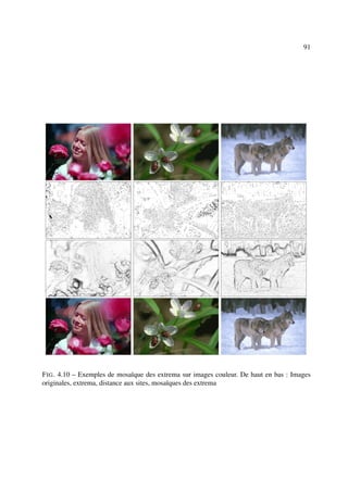 91




F IG . 4.10 – Exemples de mosaïque des extrema sur images couleur. De haut en bas : Images
originales, extrema, distance aux sites, mosaïques des extrema
 