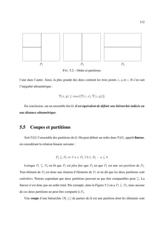 112




                P1                                P2                             P3
                                   F IG . 5.2 – Ordre et partitions.

l’une dans l’autre. Ainsi, la plus grande des deux contient les trois points x, y et z. Il s’en suit

l’inégalité ultramétrique :


                               Υ(x, y) ≤ max{Υ(z, x), Υ(z, y))}.


   En conclusion, sur un ensemble ﬁni U, il est équivalent de déﬁnir une hiérarchie indicée ou

une distance ultramétrique.



5.5 Coupes et partitions

   Soit P(U) l’ensemble des partitions de U. On peut déﬁnir un ordre dans P(U), appelé ﬁnesse,

en considérant la relation binaire suivante :



                              P1   P2 ⇔ ∀ a ∈ P1 ∃ b ∈ P2 : a ⊆ b.

   Lorsque P1        P2 on lit que P1 est plus ﬁne que P2 ou que P1 est une sur-partition de P2 .

Tout élément de P2 est donc une réunion d’éléments de P1 et on dit que les deux partitions sont

emboîtées. Notons cependant que deux partitions peuvent ne pas être comparables pour           . La

ﬁnesse n’est donc pas un ordre total. Par exemple, dans la Figure 5.2 on a P1      P2 , mais aucune

de ces deux partitions ne peut être comparée à P3 .

   Une coupe d’une hiérarchie (H, ⊆) de parties de U est une partition dont les éléments sont
 