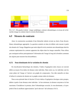 134




F IG . 6.3 – De gauche à droite : image synthétique, contours ultramétriques et niveau de la hié-
rarchie (image en couleurs dans la version électronique).

6.5 Mesures de contraste

   Ainsi, la construction ascendante d’une hiérarchie indicée revient au choix d’une dissem-

blance ultramétrique appropriée. La question centrale est donc de déﬁnir cette mesure à partir

des données de l’image. Rappelons que notre objectif est de construire une ultramétrique dont les

contours représentent les contours apparents des objets dans les images naturelles. Nous allons

par conséquent utiliser principalement l’information de l’image le long de la frontière commune

des régions pour mesurer leur dissemblance.


6.5.1 Sous-dominante de la variation de chemin

   En classiﬁcation hiérarchique des données, l’indice d’agrégation entre classes est souvent

déﬁni au moyen d’un indice de distance entre individus. Dans notre cas, les individus sont les

zones plates de l’image et l’univers son graphe de composantes. Une idée naturelle est donc

d’utiliser la variation de chemin sur ce graphe comme indice de distance.

   Nous avons présenté dans la Section 5.8 trois indices d’agrégation classiques entre groupes,

déﬁnis à partir d’une distance entre individus : le lien minimum, la distance moyenne et le lien

maximum. Considérons le premier, dont l’ultramétrique associée, la sous-dominante, a la pro-

priété d’être la meilleure approximation "par le dessous" de la distance (5.6.3).
 