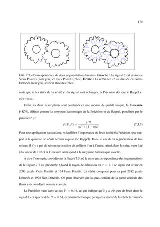 179




F IG . 7.5 – Correspondence de deux segmentations binaires. Gauche : Le signal S est divisé en
Vrais Positifs (noir gras) et Faux Positifs (bleu). Droite : La référence H est divisée en Points
Détectés (noir gras) et Non Détectés (bleu).

sorte que si les rôles de la vérité et du signal sont échangés, la Précision devient le Rappel et

vice-versa.

   Enﬁn, les deux descripteurs sont combinés en une mesure de qualité unique, la F-mesure

[vR79], déﬁnie comme la moyenne harmonique de la Précision et du Rappel, pondérée par le

paramètre η :
                                                     PR
                                    F (P, R) =                                                 (7.3.7)
                                                 ηP + (1 − η)R
Pour une application particulière, η équilibre l’importance du bruit toléré (la Précision) par rap-

port à la quantité de vérité terrain requise (le Rappel). Dans le cas de la segmentation de bas

niveau, il n’y a pas de raison particulière de préférer l’un à l’autre. Ainsi, dans la suite, η est ﬁxé

à la valeur de 1/2 et la F-mesure correspond à la moyenne harmonique usuelle.

   A titre d’exemple, considérons la Figure 7.5, où la mise en correspondance des segmentations

de la Figure 7.3 est présentée. Quand le rayon de dilatation est r = 4, 3 le signal est divisé en

2093 pixels Vrais Positifs et 134 Faux Positifs. La vérité comporte pour sa part 2382 pixels

Détectés et 1998 Non Détectés. On peut observer que la quasi-totalité de la partie centrale des

ﬂeurs est considérée comme correcte.

   La Précision vaut dans ce cas P = 0,94, ce qui indique qu’il y a très peu de bruit dans le

signal. Le Rappel est de R = 0, 54, exprimant le fait que presque la moitié de la vérité terrain n’a
 