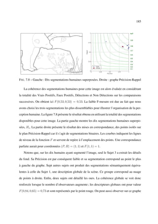185




F IG . 7.8 – Gauche : Dix segmentations humaines superposées. Droite : graphe Précision-Rappel

   La cohérence des segmentations humaines pour cette image est alors évaluée en considérant

la totalité des Vrais Positifs, Faux Positifs, Détections et Non Détections sur les comparaisons

successives. On obtient ici F (0,53, 0,53) = 0,53. La faible F-mesure est due au fait que nous

avons choisi les trois segmentations les plus dissemblables pour illustrer l’organisation de la per-

ception humaine. La ﬁgure 7.8 présente le résultat obtenu en utilisant la totalité des segmentations

disponibles pour cette image. La partie gauche montre les dix segmentations humaines superpo-

sées, Hs . La partie droite présente le résultat des mises en correspondance, des points isolés sur

le plan Précision-Rappel car il s’agit de segmentations binaires. Les courbes indiquent les lignes

de niveau de la fonction F et servent de repère à l’emplacement des points. Une correspondance

parfaite aurait pour coordonnées (P, R) = (1, 1) et F (1, 1) = 1.

   Notons que, sur les dix humains ayant segmenté l’image, seul le Sujet 3 a extrait les détails

du fond. Sa Précision est par conséquent faible et sa segmentation correspond au point le plus

à gauche du graphe. Sept autres sujets ont produit des segmentations sémantiquement équiva-

lentes à celle du Sujet 1, une description globale de la scène. Ce groupe correspond au nuage

de points à droite. Enﬁn, deux sujets ont détaillé les ours. La cohérence globale se voit donc

renforcée lorsque le nombre d’observateurs augmente ; les descripteurs globaux ont pour valeur

F (0,84, 0,65) = 0,73 et sont représentés par le point rouge. On peut aussi observer sur ce graphe
 