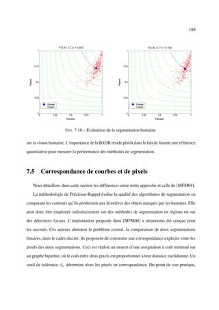 188




                      F IG . 7.10 – Évaluation de la segmentation humaine

sur la vision humaine. L’importance de la BSDB réside plutôt dans le fait de fournir une référence

quantitative pour mesurer la performance des méthodes de segmentation.



7.5 Correspondance de courbes et de pixels

   Nous détaillons dans cette section les différences entre notre approche et celle de [MFM04].

   La méthodologie de Précision-Rappel évalue la qualité des algorithmes de segmentation en

comparant les contours qu’ils produisent aux frontières des objets marqués par les humains. Elle

peut donc être employée indistinctement sur des méthodes de segmentation en régions ou sur

des détecteurs locaux. L’implantation proposée dans [MFM04] a néanmoins été conçue pour

les seconds. Ces auteurs abordent le problème central, la comparaison de deux segmentations

binaires, dans le cadre discret. Ils proposent de construire une correspondance explicite entre les

pixels des deux segmentations. Ceci est réalisé au moyen d’une assignation à coût minimal sur

un graphe bipartite, où le coût entre deux pixels est proportionnel à leur distance euclidienne. Un

seuil de tolérance dm détermine alors les pixels en correspondance. Du point de vue pratique,
 