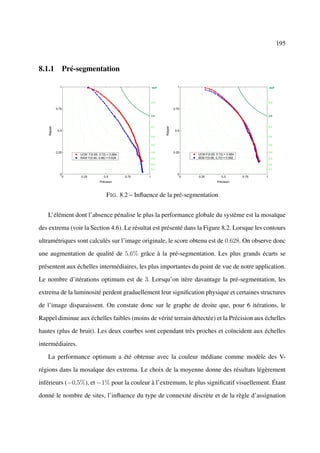 195



8.1.1 Pré-segmentation

               1                                           IsoF              1                                           IsoF




                                                           0.9                                                           0.9

             0.75                                                          0.75

                                                           0.8                                                           0.8



                                                           0.7                                                           0.7
    Rappel




                                                                  Rappel
              0.5                                                           0.5
                                                           0.6                                                           0.6


                                                           0.5                                                           0.5


             0.25                                          0.4             0.25                                          0.4
                    UCM F(0.65, 0.72) = 0.684                                     UCM F(0.65, 0.72) = 0.684
                    RAW F(0.60, 0.66) = 0.628              0.3                    6EM F(0.66, 0.70) = 0.682              0.3

                                                           0.2                                                           0.2
                                                           0.1                                                           0.1

               0                                                             0
                0   0.25            0.5         0.75   1                      0   0.25            0.5         0.75   1
                                 Précision                                                     Précision



                                     F IG . 8.2 – Inﬂuence de la pré-segmentation


   L’élément dont l’absence pénalise le plus la performance globale du système est la mosaïque

des extrema (voir la Section 4.6). Le résultat est présenté dans la Figure 8.2. Lorsque les contours

ultramétriques sont calculés sur l’image originale, le score obtenu est de 0,628. On observe donc

une augmentation de qualité de 5,6% grâce à la pré-segmentation. Les plus grands écarts se

présentent aux échelles intermédiaires, les plus importantes du point de vue de notre application.

Le nombre d’itérations optimum est de 3. Lorsqu’on itère davantage la pré-segmentation, les

extrema de la luminosité perdent graduellement leur signiﬁcation physique et certaines structures

de l’image disparaissent. On constate donc sur le graphe de droite que, pour 6 itérations, le

Rappel diminue aux échelles faibles (moins de vérité terrain détectée) et la Précision aux échelles

hautes (plus de bruit). Les deux courbes sont cependant très proches et coïncident aux échelles

intermédiaires.

   La performance optimum a été obtenue avec la couleur médiane comme modèle des V-

régions dans la mosaïque des extrema. Le choix de la moyenne donne des résultats légèrement

inférieurs (−0,5%), et −1% pour la couleur à l’extremum, le plus signiﬁcatif visuellement. Étant

donné le nombre de sites, l’inﬂuence du type de connexité discrète et de la règle d’assignation
 