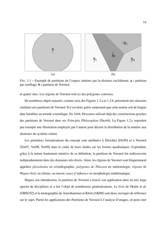 14




                        (a)                                            (b)
F IG . 1.1 – Exemple de partitions de l’espace induites par la distance euclidienne. a : partition
par seuillage. b : partition de Voronoï.

et quatre sites. Les régions de Voronoï sont ici des polygones convexes.

   De nombreux objets naturels, comme ceux des Figures 1.2.a et 1.2.b, présentent une structure

similaire aux partitions de Voronoï. Il n’est donc guère surprenant que cette notion soit de longue

date familière au monde scientiﬁque. En 1644, Descartes utilisait déjà des constructions proches

des partitions de Voronoï dans ses Principia Philosophiae [Des44]. La Figure 1.2.c reproduit

par exemple une illustration employée par l’auteur pour décrire la distribution de la matière aux

alentours du système solaire.

   Les premières formalisations du concept sont attribuées à Dirichlet [Dir50] et à Voronoï

[Vor07, Vor08, Vor09] dans le cadre de leurs études sur les formes quadratiques. Cependant,

grâce à la nature hautement intuitive de sa déﬁnition, la partition de Voronoï fut redécouverte

indépendamment dans des domaines très divers. Ainsi, les régions de Voronoï sont fréquemment

appelées pleisohedra en cristallographie, polygones de Thiessen en météorologie, régions de

Wigner-Seitz en chimie, ou encore zones d’inﬂuence en morphologie mathématique.

   Depuis son introduction, la partition de Voronoï a trouvé son application dans un très large

spectre de disciplines et a fait l’objet de nombreuses généralisations. Le livre de Okabe et al.

[OBSC02] et la monographie de Aurenhammer et Klein [AK00] sont deux ouvrages de référence

sur le sujet. Parmi les applications des Partitions de Voronoï à l’analyse d’images, on peut citer
 