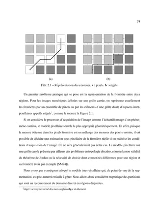 38




                              (a)                                            (b)
                      F IG . 2.1 – Représentation des contours. a : pixels. b : edgels.

       Un premier problème pratique qui se pose est la représentation de la frontière entre deux

régions. Pour les images numériques déﬁnies sur une grille carrée, on représente usuellement

les frontières par un ensemble de pixels ou par les éléments d’une grille duale d’espaces inter-

pixellaires appelés edgels2 , comme le montre la Figure 2.1.

       Si on considère le processus d’acquisition de l’image comme l’échantillonnage d’un phéno-

mène continu, le modèle pixellaire semble le plus approprié géométriquement. En effet, puisque

la mesure obtenue dans les pixels frontière est un mélange des mesures des pixels voisins, il est

possible de déduire une estimation sous-pixellaire de la frontière réelle si on maîtrise les condi-

tions d’acquisition de l’image. Ce ne sera généralement pas notre cas. Le modèle pixellaire sur

une grille carrée présente par ailleurs des problèmes en topologie discrète, comme la non validité

du théorème de Jordan ou la nécessité de choisir deux connexités différentes pour une région et

sa frontière (voir par exemple [SM94]).

       Nous avons par conséquent adopté le modèle inter-pixellaire qui, du point de vue de la seg-

mentation, est plus naturel et facile à gérer. Nous allons donc considérer en pratique des partitions

qui sont un recouvrement du domaine discret en régions disjointes.
   2
       edgel : acronyme formé des mots anglais edg-e et el-ement.
 