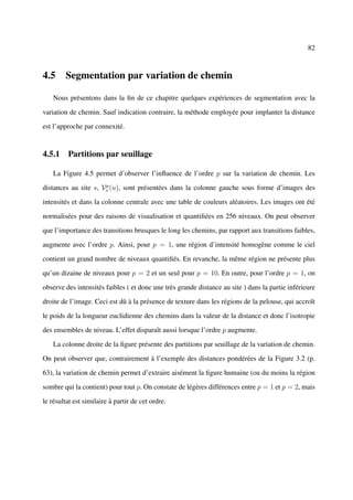 82



4.5 Segmentation par variation de chemin

    Nous présentons dans la ﬁn de ce chapitre quelques expériences de segmentation avec la

variation de chemin. Sauf indication contraire, la méthode employée pour implanter la distance

est l’approche par connexité.


4.5.1 Partitions par seuillage

    La Figure 4.5 permet d’observer l’inﬂuence de l’ordre p sur la variation de chemin. Les
                      p
distances au site s, Vs (u), sont présentées dans la colonne gauche sous forme d’images des

intensités et dans la colonne centrale avec une table de couleurs aléatoires. Les images ont été

normalisées pour des raisons de visualisation et quantiﬁées en 256 niveaux. On peut observer

que l’importance des transitions brusques le long les chemins, par rapport aux transitions faibles,

augmente avec l’ordre p. Ainsi, pour p = 1, une région d’intensité homogène comme le ciel

contient un grand nombre de niveaux quantiﬁés. En revanche, la même région ne présente plus

qu’un dizaine de niveaux pour p = 2 et un seul pour p = 10. En outre, pour l’ordre p = 1, on

observe des intensités faibles ( et donc une très grande distance au site ) dans la partie inférieure

droite de l’image. Ceci est dû à la présence de texture dans les régions de la pelouse, qui accroît

le poids de la longueur euclidienne des chemins dans la valeur de la distance et donc l’isotropie

des ensembles de niveau. L’effet disparaît aussi lorsque l’ordre p augmente.

    La colonne droite de la ﬁgure présente des partitions par seuillage de la variation de chemin.

On peut observer que, contrairement à l’exemple des distances pondérées de la Figure 3.2 (p.

63), la variation de chemin permet d’extraire aisément la ﬁgure humaine (ou du moins la région

sombre qui la contient) pour tout p. On constate de légères différences entre p = 1 et p = 2, mais

le résultat est similaire à partir de cet ordre.
 