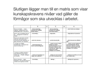 Slutligen lägger man till en matris som visar
kunskapskravens nivåer vad gäller de
förmågor som ska utvecklas i arbetet.
 