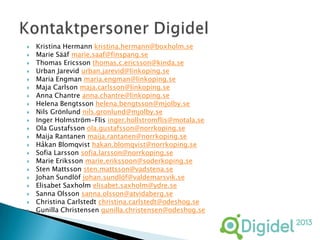   Kristina Hermann kristina.hermann@boxholm.se
   Marie Sääf marie.saaf@finspang.se
   Thomas Ericsson thomas.c.ericsson@kinda.se
   Urban Jarevid urban.jarevid@linkoping.se
   Maria Engman maria.engman@linkoping.se
   Maja Carlson maja.carlsson@linkoping.se
   Anna Chantre anna.chantre@linkoping.se
   Helena Bengtsson helena.bengtsson@mjolby.se
   Nils Grönlund nils.gronlund@mjolby.se
   Inger Holmström-Flis inger.hollstromflis@motala.se
   Ola Gustafsson ola.gustafsson@norrkoping.se
   Maija Rantanen maija.rantanen@norrkoping.se
   Håkan Blomqvist hakan.blomqvist@norrkoping.se
   Sofia Larsson sofia.larsson@norrkoping.se
   Marie Eriksson marie.erikssoon@soderkoping.se
   Sten Mattsson sten.mattsson@vadstena.se
   Johan Sundlöf johan.sundlöf@valdemarsvik.se
   Elisabet Saxholm elisabet.saxholm@ydre.se
   Sanna Olsson sanna.olsson@atvidaberg.se
   Christina Carlstedt christina.carlstedt@odeshog.se
   Gunilla Christensen gunilla.christensen@odeshog.se
 